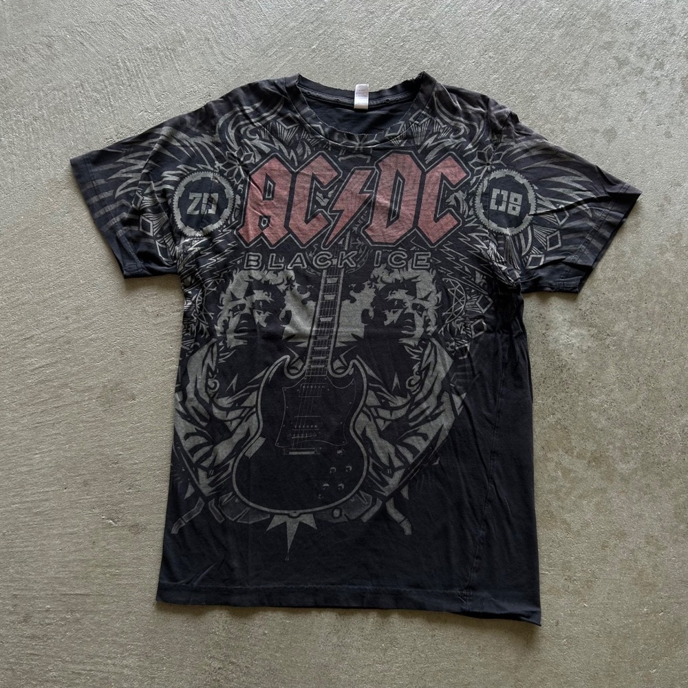 Vintage ACDC Shirt Size Medium Black 2008 Black Ice Album Tour AOP Rock Band